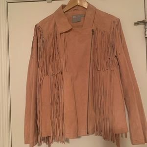 Blush pink 100% real suede fringed biker jacket